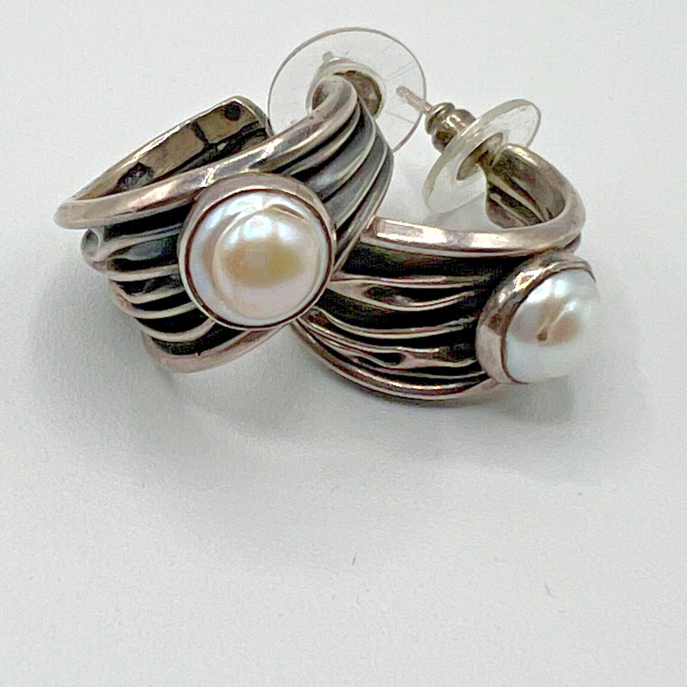 Artisan Sterling Silver & Pearl Hoop Earrings